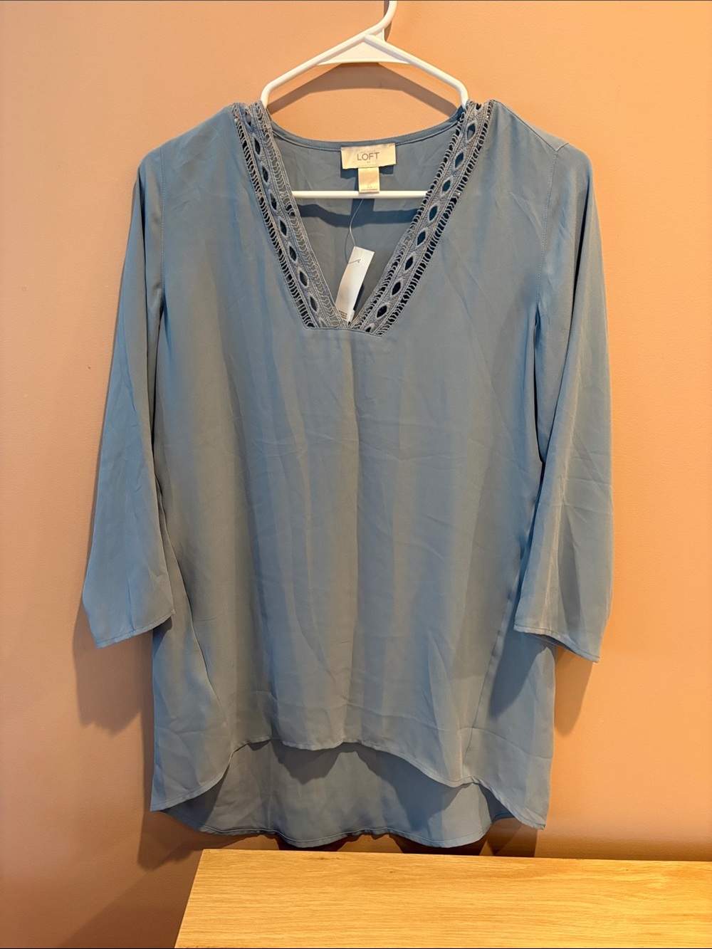 LOFT Dusty Blue Crochet-Trim V-Neck Blouse